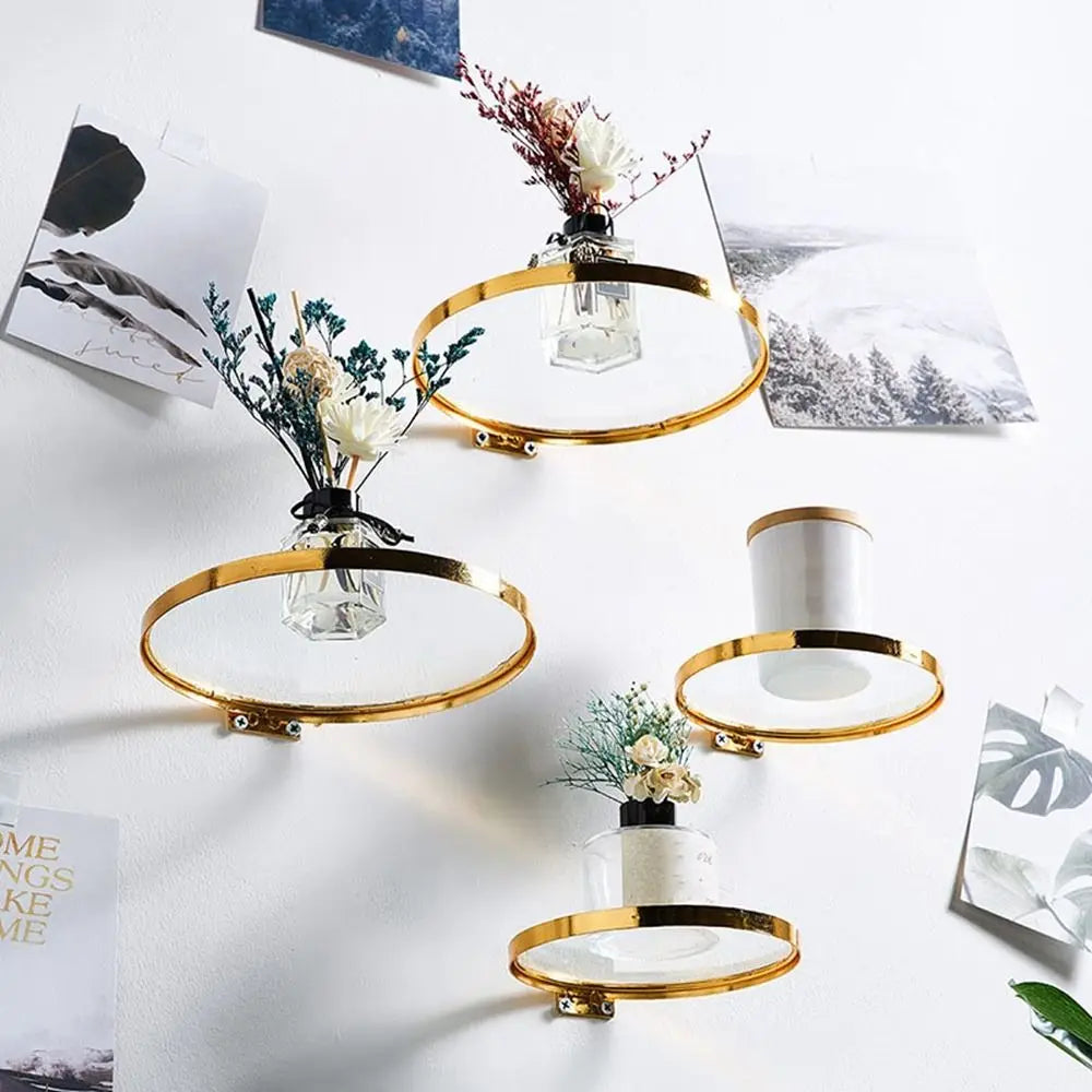 Halo Gold Floating Shelf – Round Iron & Glass Wall Display