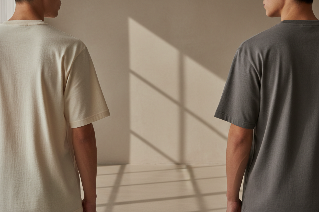 Minimal professional hero image for a B2B clothing website. Two people wearing plain high-quality t-shirts, no logos, no faces visible. Neutral tones, soft natural light, clean background, calm and restrained mood. Space at the center for text overlay. Not fashion, not lifestyle, not trendy.